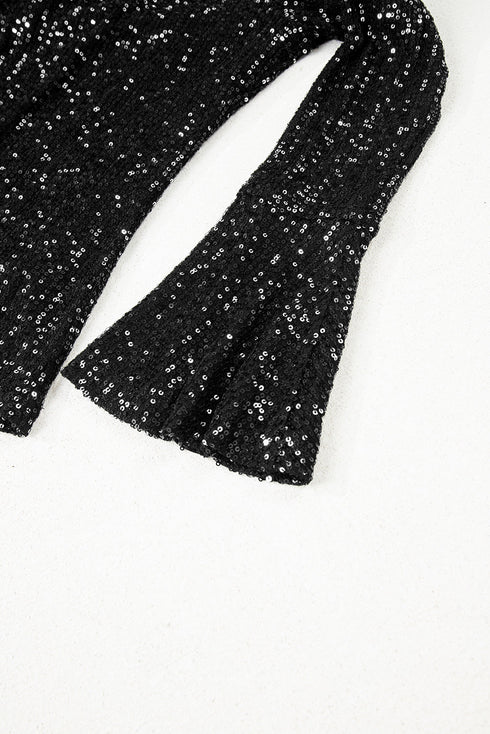 Sequin Mock Neck Drape Open Back Bell Sleeve Lined Top